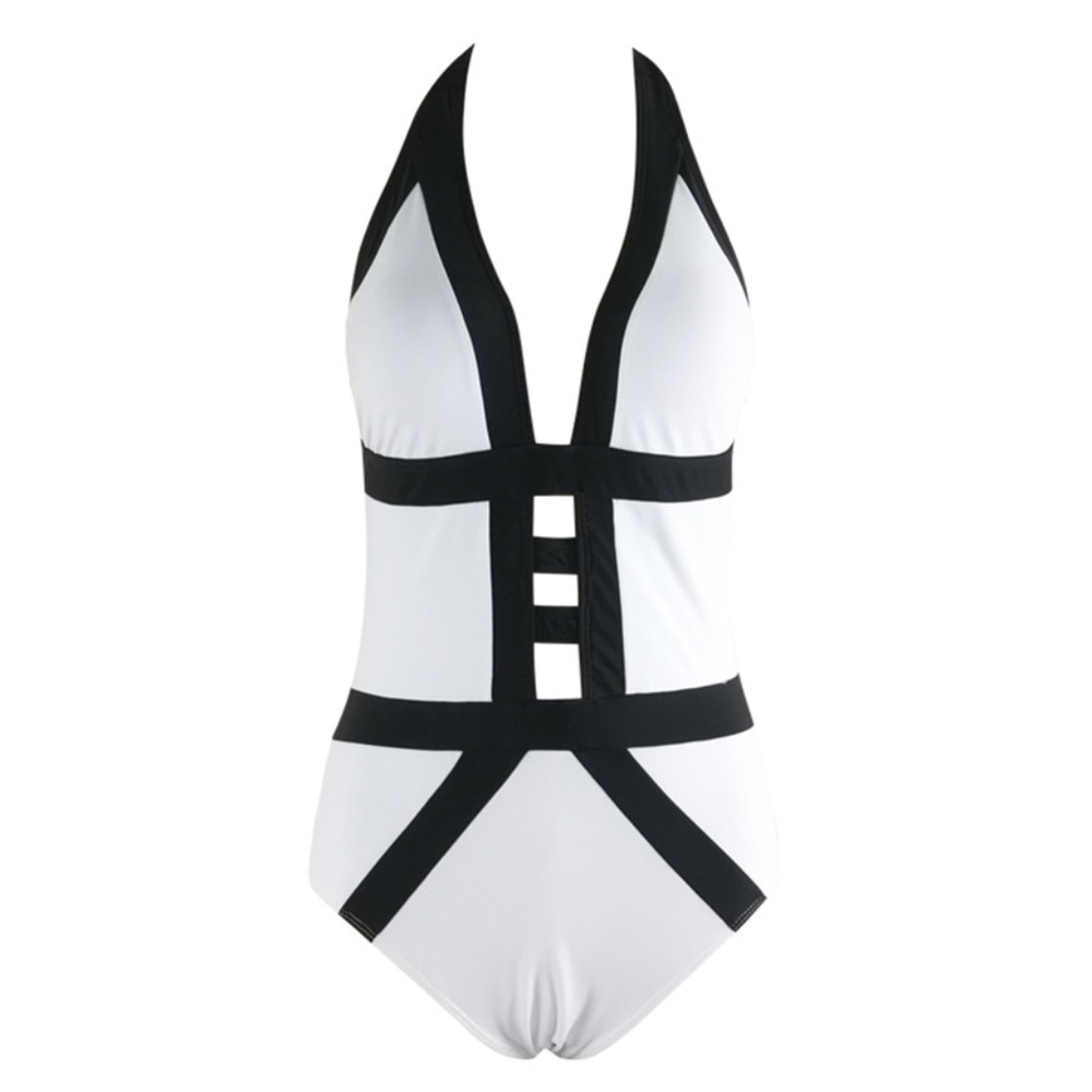 Sexy Strappy Color Block One Piece Swimsuit White - Picture 3 of 8